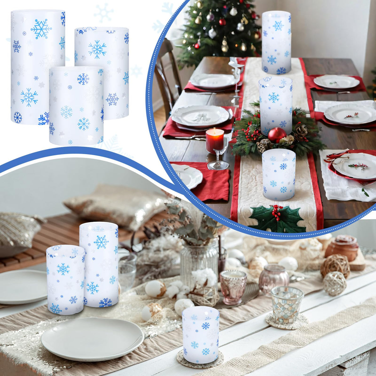 Baquler 3 Set Snowflake Flameless Candles Christmas Winter Themed Lampshade with LED Tea Lights Silver and Blue Snowflake Candle Decorations for Xmas Winter Tabletop Fireplace Home Decor