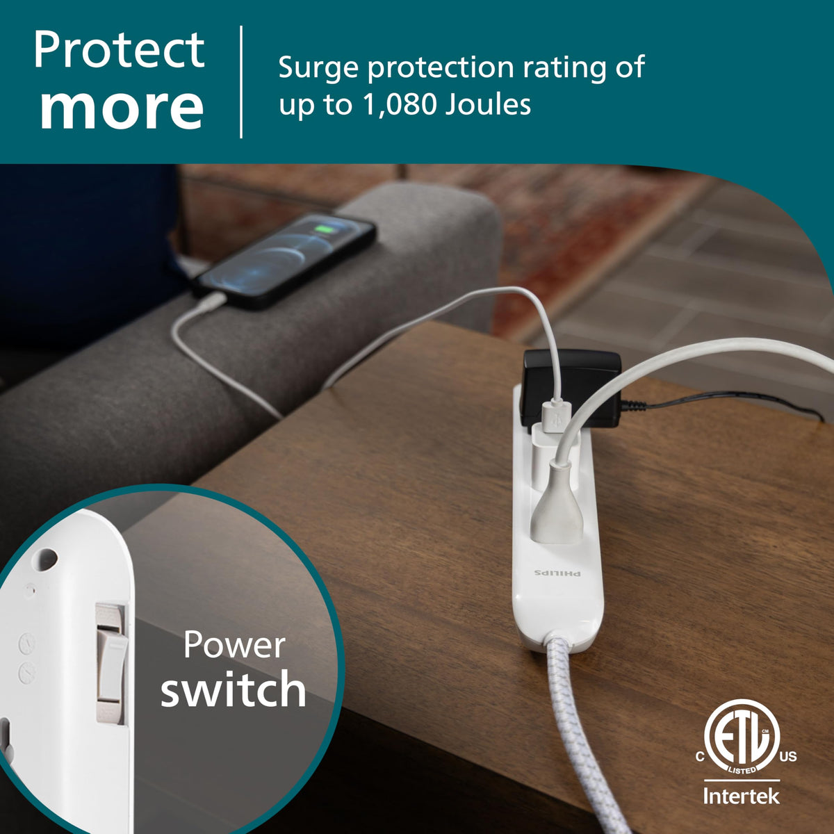 Philips 6 Outlet Power Strip Surge Protector, 6 Ft Power Cord, Designer Braided Extension Cord, Flat Plug, Perfect for Office or Home Décor, 1080 Joules, White, SPC3054WA/37