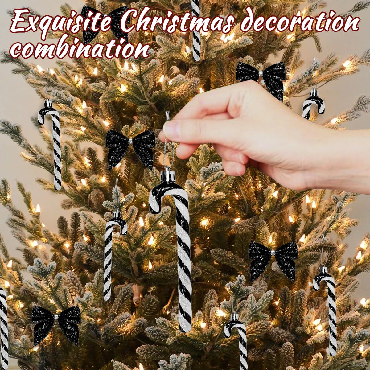 24 Pcs Candy Cane Christmas Decorations,5.5inch Glitter Candy Cane Bows for Xmas Tree Hanging Ornament Holiday Festival Party Home Decoration (Black)