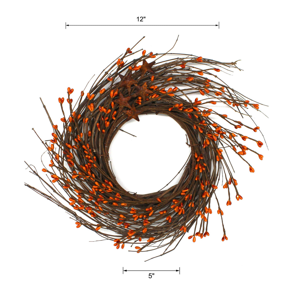 CVHOMEDECO. Primitives Rustic Pip Berries and Twig with Rusty Barn Stars Wreath, 12-Inch, Gold