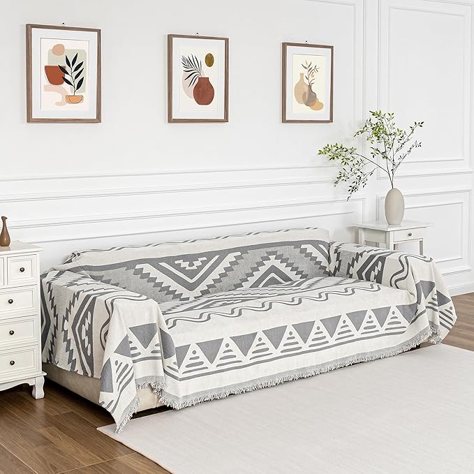 MYSKY HOME Boho Couch Cover for Dogs Washable Grey Rhombic Couch Sofa Protector