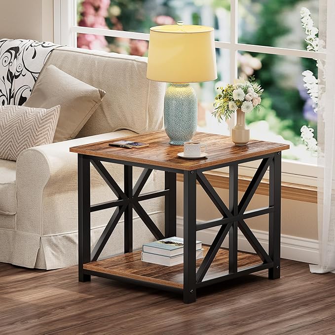 GreenForest End Table with 2-Tier Storage Shelf, 19.7 inch Side Table