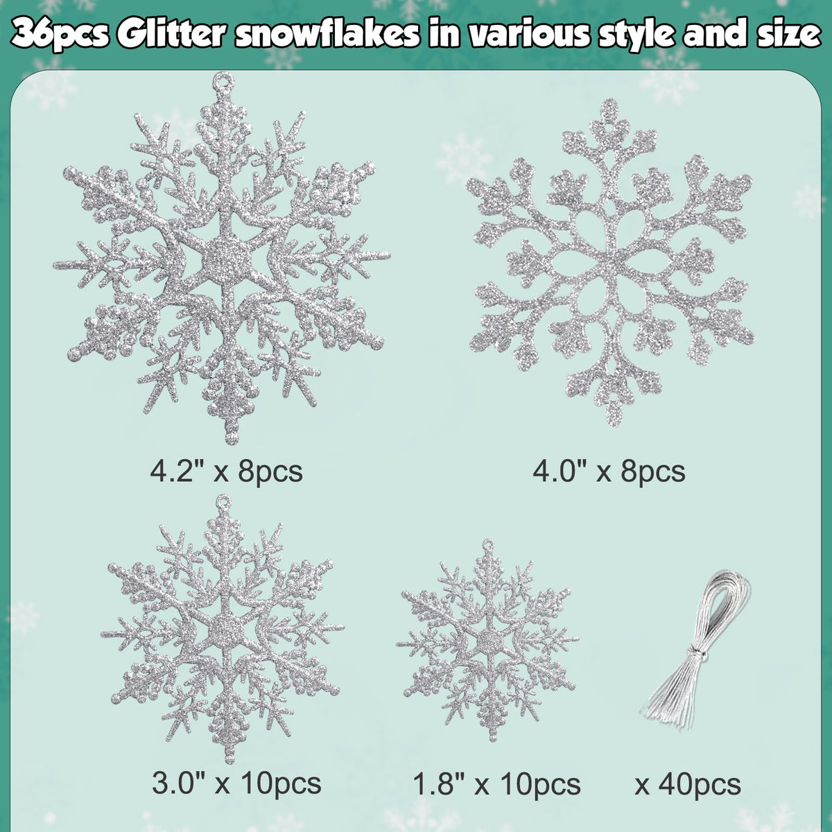 36pcs Christmas Silver Snowflake Ornaments Plastic Glitter Snow Flakes Ornaments for Winter Christmas Tree Decorations Size Varies Craft Snowflakes
