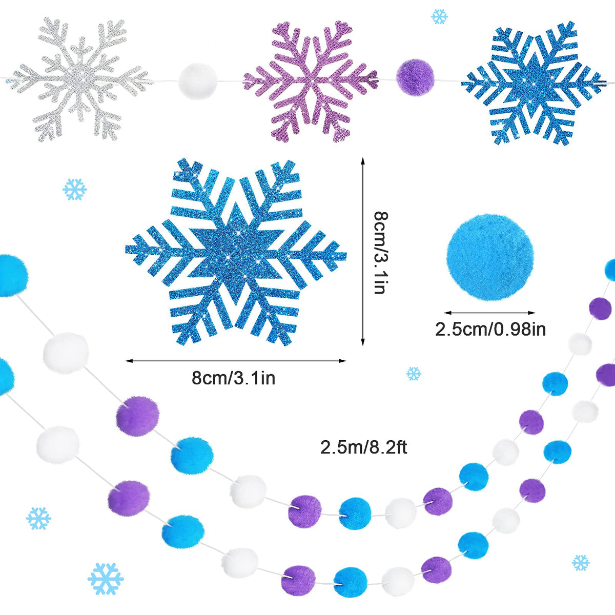 Tatuo 3 Pieces Winter Felt Ball Banner Snowflake Garland Glittery Banner Wonderland Theme Pom Pom Decor Holiday Hanging Decor for Birthday Baby Shower Wedding Party