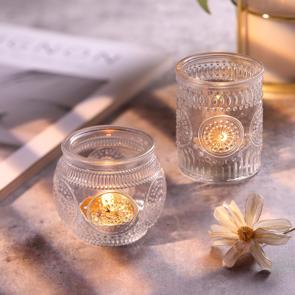 DARJEN 24Pcs Clear Votive Candle Holders - Glass Tea Light Candle Holder, Candle Holders Bulk, Embossed Candle Votives for Wedding Centerpiece & Home Decor