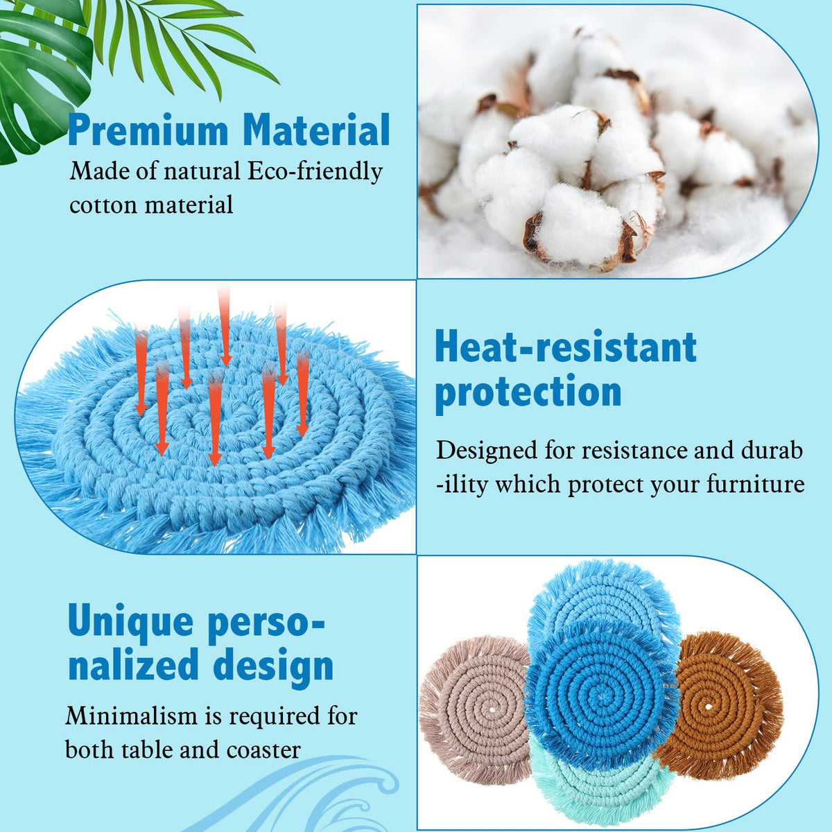 Coasters Set of 6 for Drinks Boho Absorbent Woven Cotton Coaster with Holder Farmhouse Tassel Macrame Cup Mat Housewarming Gift for Coffee Table Home Kitchen Office Decoration, 4 in(Ocean)