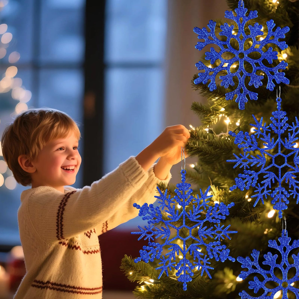 6pcs Large Navy Blue Snowflakes Ornaments 12" Big Plastic Glitter Snowflake for Winter Indoor Outdoor Christmas Tree Window Room Decorations Giant Craft Snowflakes