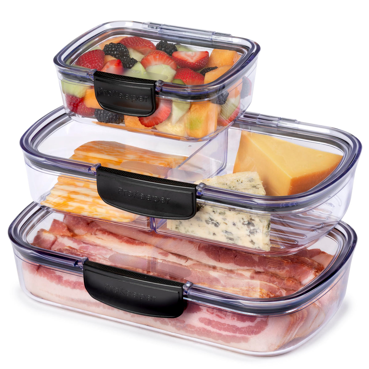 Progressive Prokeeper + Deli Storage Set: Air-Tight Silicone Sealed Containers w Grooved Bottom, Dry Erase Lid, BPA-Free, Stackable, Keeps Meats & Cheeses Fresh Longer, 3-Piece Set (1.65L, .69L, 1.6L)