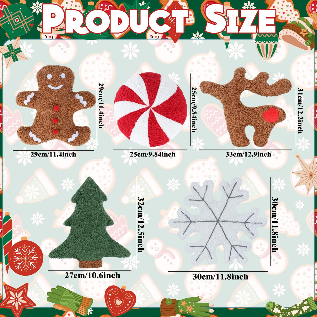 Cumule 5 Pcs Christmas Throw Pillows Cute Xmas Tree Candy Gingerbread Reindeer Snowflake Shaped Plush Pillow for Christmas Winter Holiday Party Outdoor Bedroom Cushion Decoration