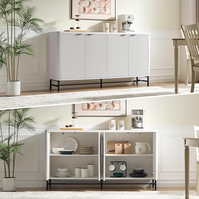 Fatmok 65" Buffet Cabinet with Storage, Fluted Credenza Sideboard with 4 Doors