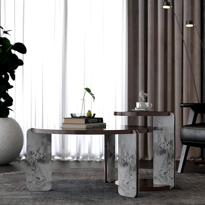 GDFStudio Round Nesting Coffee Table Set of 2, Modern Wooden Accent Side Table