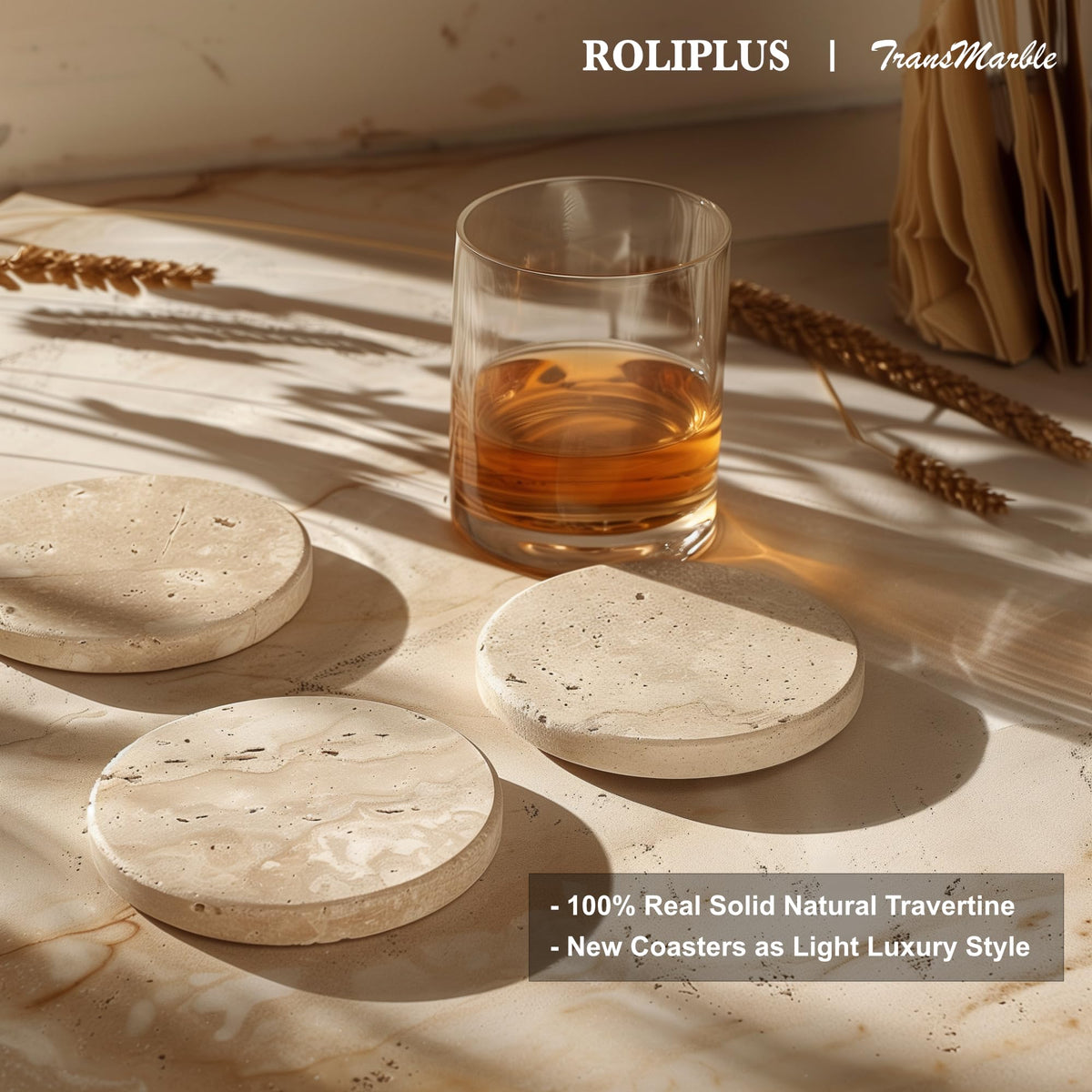Natural Elegant Set of 4 Round Travertine Stone Coasters with Cork Backing - Absorbent Drink Coasters for Home and Office