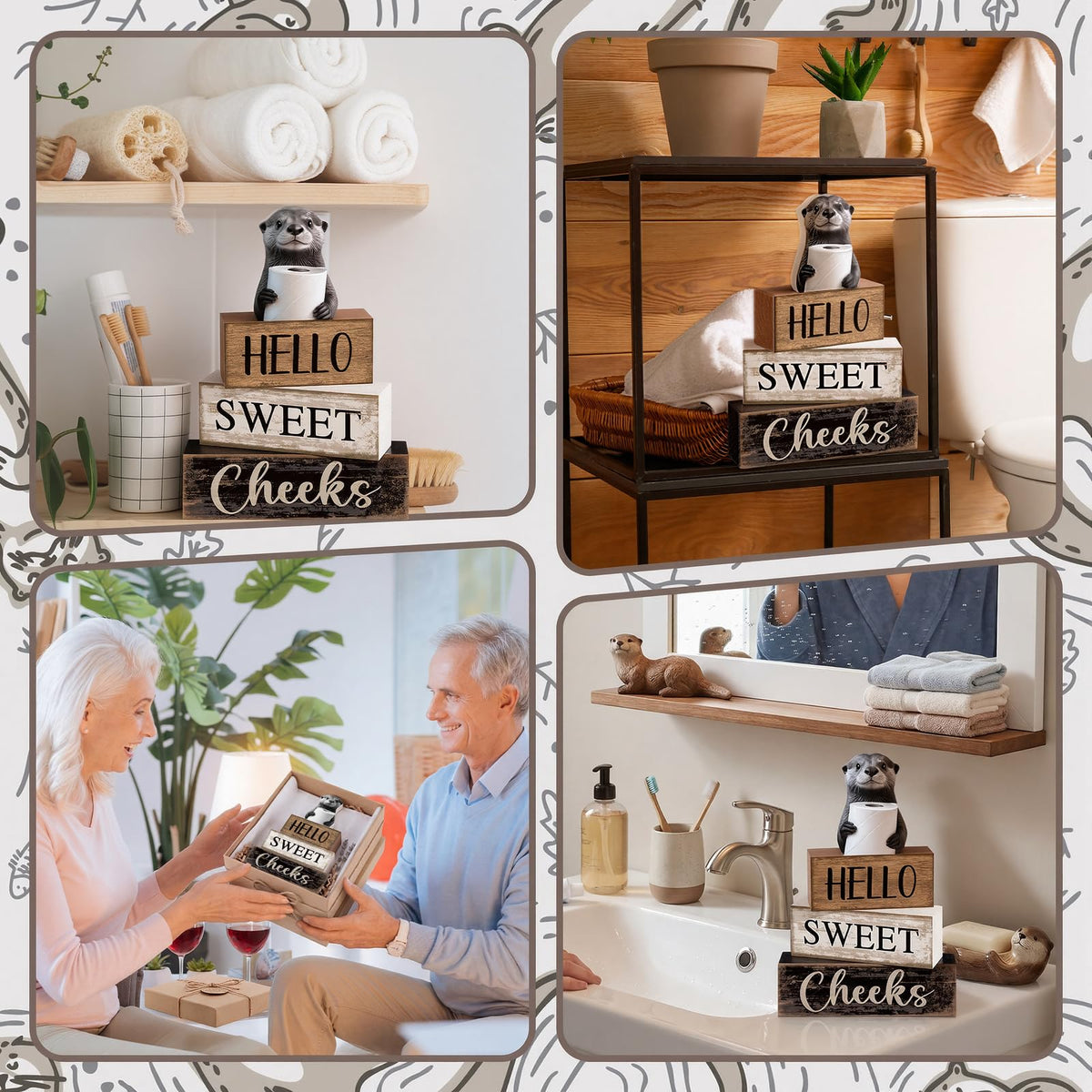 Moucuny 4 Pcs Otter Bathroom Decor Set Farmhouse Bathroom Decor and Accessories Rustic Hello Sweet Cheeks Wooden Blocks Signs with Toilet Paper Funny Toilet Shelf Decoration for Home Office Half Bath