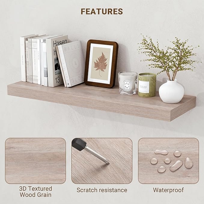 Acovy 36 Inch Floating Shelves, 3D Textured Wood Grain, Wooden Shelves