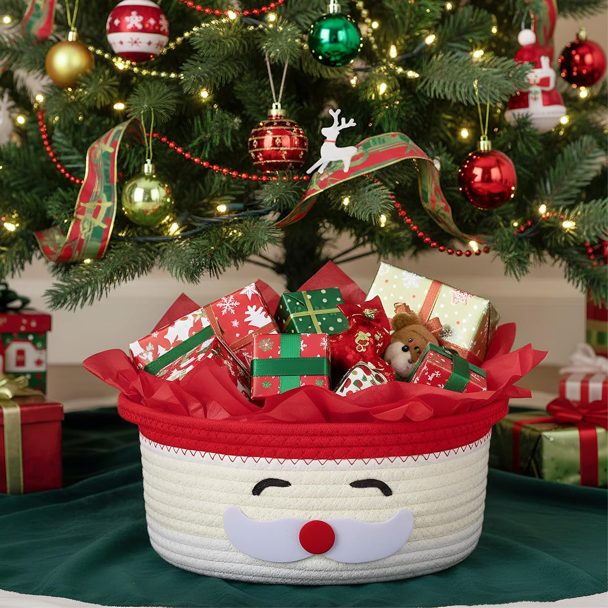Zopeal Christmas Woven Basket with Gift Bag, Ribbon and Red Tissue Paper Santa Emoticon Woven Storage Bin Empty Basket Holiday Decorative for Xmas Gifts, 12 x 8 x 5 inch