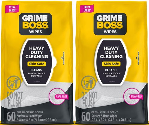 Grime Boss Heavy Duty Surface and Hand Wipes (2x60ct) | Remove Paint, Oil, Grease, Adhesives, Mud, Dirt | Workshop Replace Cleaners like Rags, Towels, Pumice, Soap