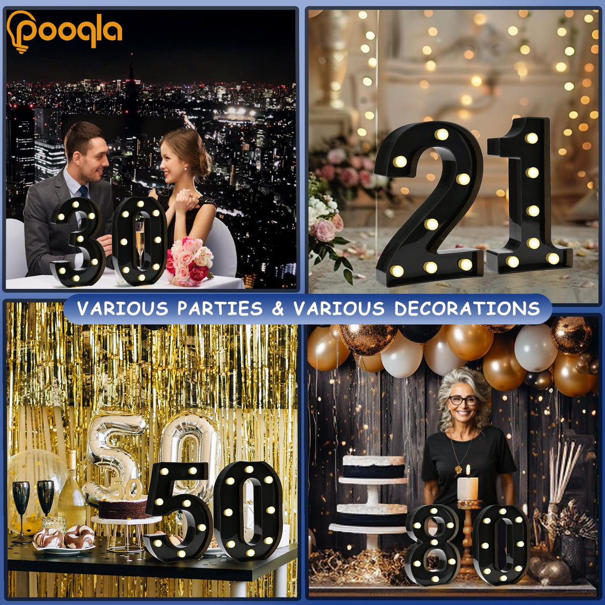 Pooqla Decorative Led Light Up Number Letters, Black Plastic Marquee Number Lights Sign for 50th Birthday Party Wedding Decor Battery Operated Black Decoration 50