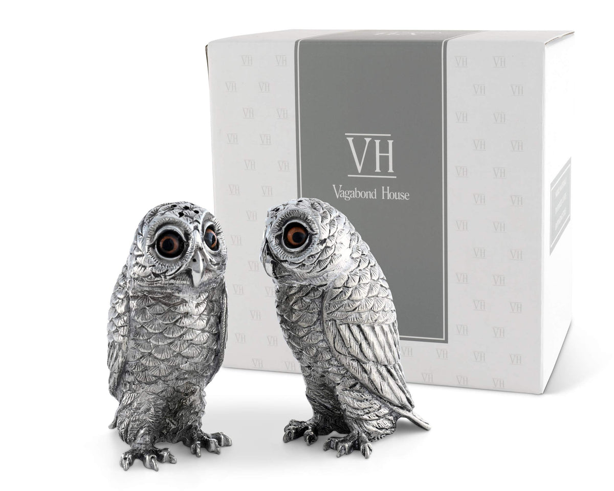 Vagabond House Pewter Metal Owl Salt and Pepper Shaker Set with Hand-Painted Eyes Thanksgiving Harvest Table 3.75 inch Tall