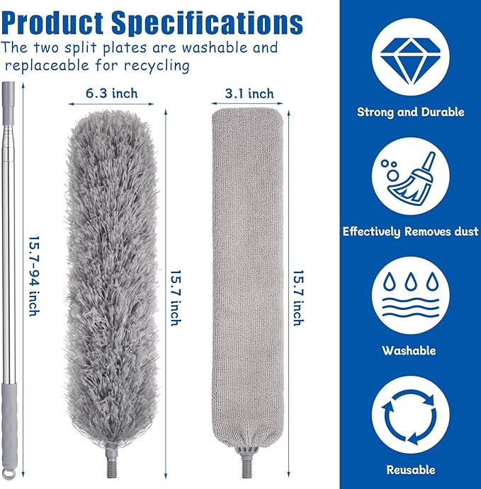 Feather Duster Set, 30-100 inch Microfiber Retractable Gap Duster