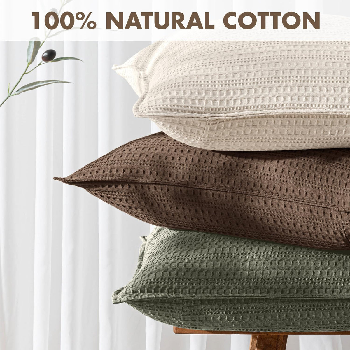 Woaboy Set of 2 Decorative 100% Cotton Waffle Throw Pillow Covers 18x18, Neutral Euro Shams Weave European Cushion Cases for Couch Sofa Bed Modern Farmhouse Home Decor, Reddish Brown