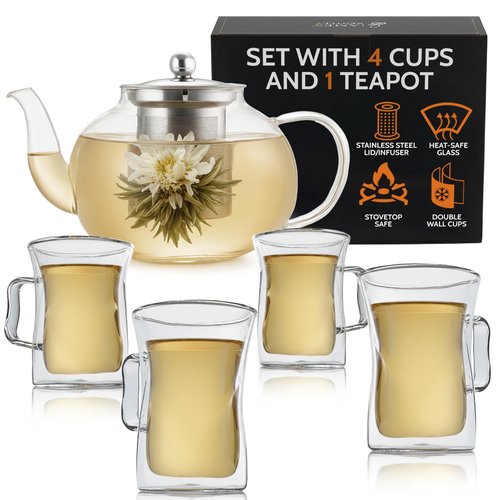 James Bentley Glass Coffee and Tea Set – Borosilicate Glass Teapot Set for Adults with 40oz Teapot & 4 Insulated Glasses, Stainless Steel Strainer for Bags and Loose Tea– Microwave, Dishwasher Safe