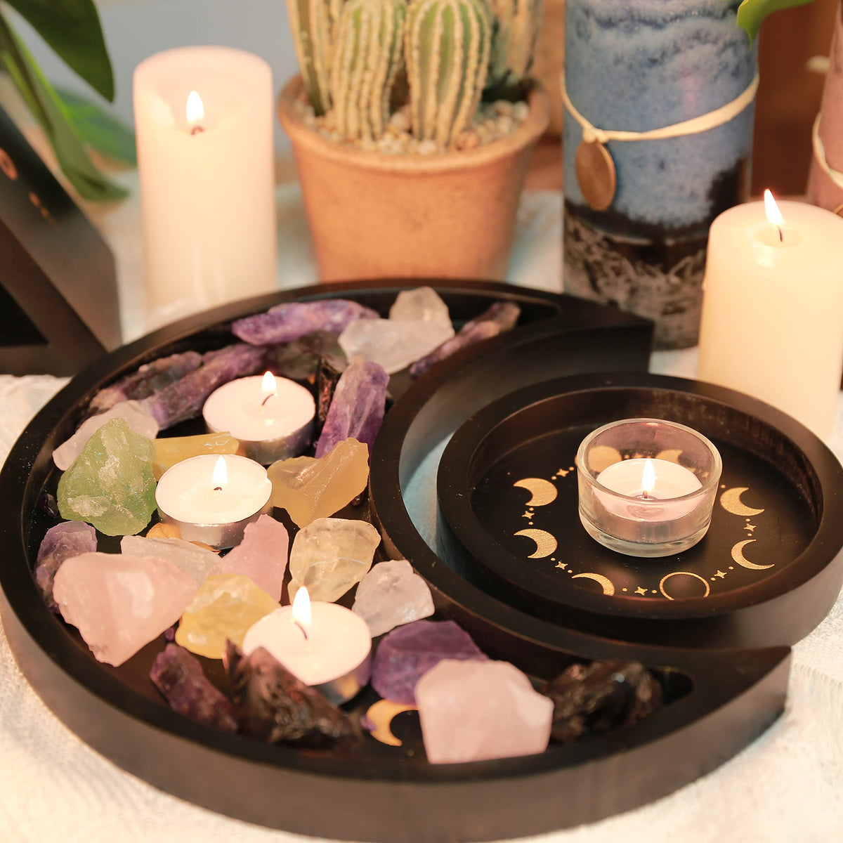 Moon Tray Crystal Holder Set, Wood Moon Phase Crystal Tray for Stones Display with Brown Tarot Card Holder, Witchcraft Crystal Organizer Bowl, Wiccan Altar Supplies