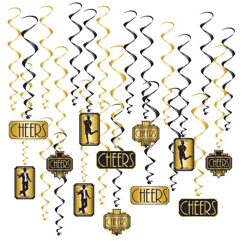 Beistle Great 20s Whirls – 24-Pack Art Deco Hanging Swirl Decorations with Metallic Gold & Black Spirals, 1920s Party Ceiling Decor for Roaring Twenties, Jazz Age Events, and New Year’s Eve, 17"–32"