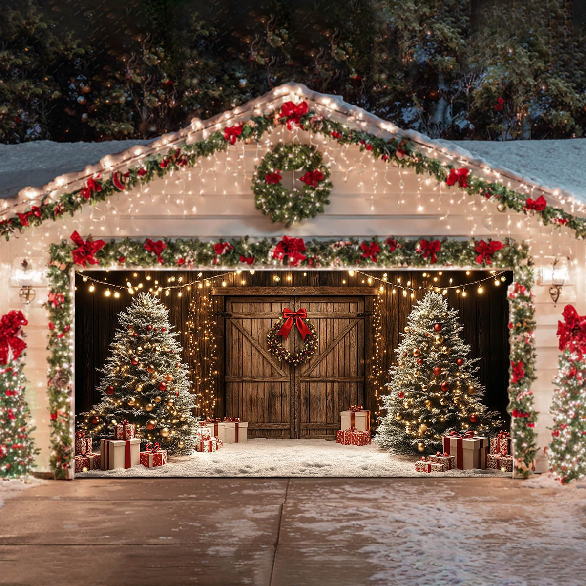 HOMETITUTE Christmas Garage Door Banner 13x6ft Wooden Wall Style Holiday Decoration with Xmas Trees Gift Boxes Snowflakes Hanging Lights andfor Outdoor Yard or Wall Backdrop