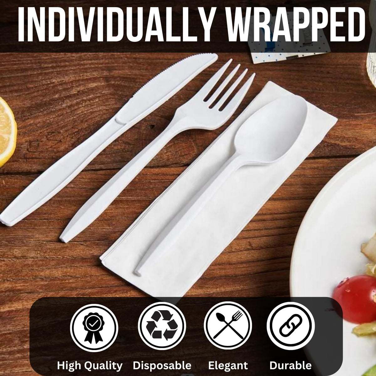 Global Basics Disposable Plastic Cutlery Packs | 125 Individually Wrapped Black Plastic Cutlery Sets | Includes Knife, Fork, Spoon, Napkin and Salt & Pepper Packets | 125 Total (125, Black Plastic)