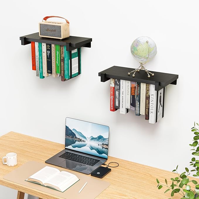 NANATI 2 Set of Floating Bookshelf, Pine Wood Invisible Bookshelf, Hanging