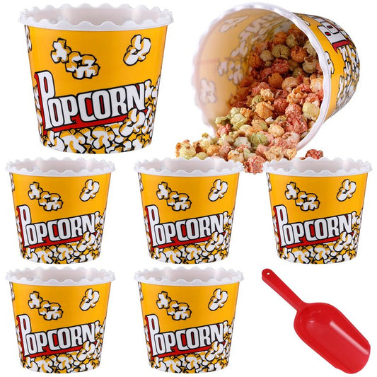 Roshtia 6 Pieces Plastic Popcorn Containers Reusable Buckets 75 oz Popcorn Boxes Bowl with Scoop Retro Style Red Plastic Scoop Set for Movie Theater Night(Classic)