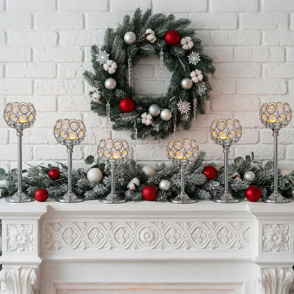 Kehail Set of 3 Silver Crystal Metal Tealight Candlestick, Bling Bowl Candelabras, Tall Votive Candle Holders Elegant Candle Centerpiece for Dining Table Wedding Decor