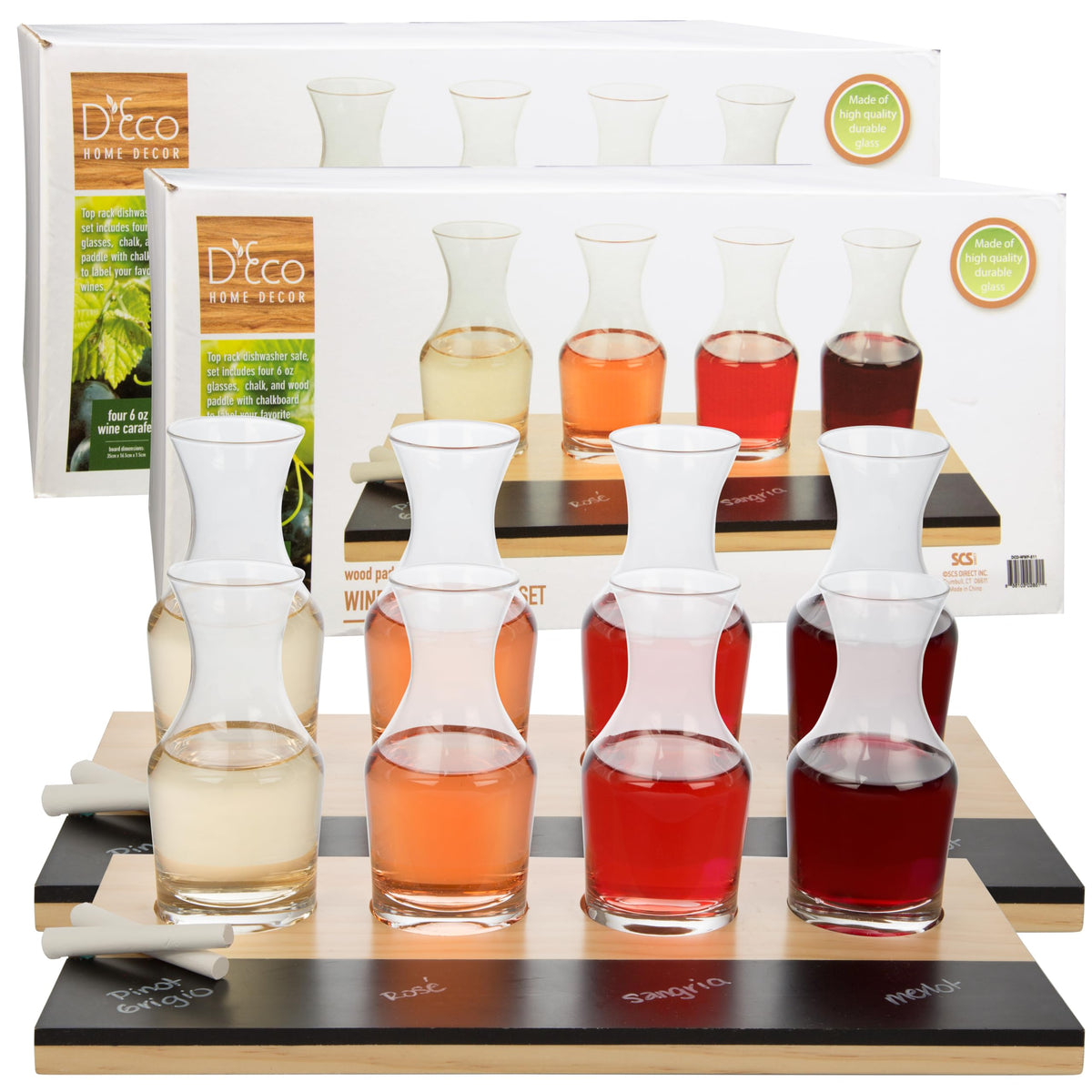 D'Eco Wine Tasting Flight Sampler Boards (2 Pack)- Set Includes Eight 6 oz Decanter Glasses & 2 Wood Paddles w Chalkboards- Great for Charcuterie Boards, Wine Tastings & Brunch - Wedding Gift