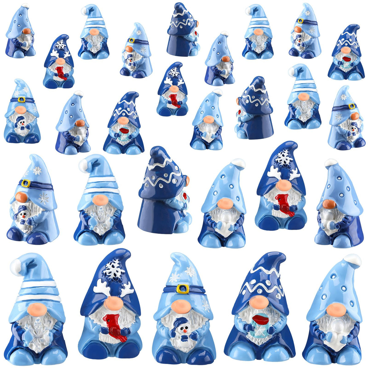 Quzzil 80 Pcs Winter Mini Gnomes Figurines Winter Snowflake Miniature Figurines Tiny Resin Statues Snowman Table Centerpieces for Patio Garden Ornament to Hide Party Favors