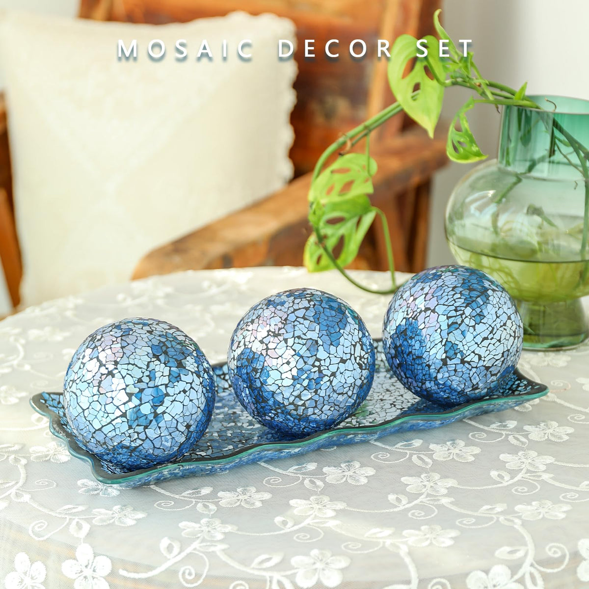 VCUTEKA Decorative Balls and Glass Bowl, 4 Inch Mosaic Sphere Balls Centerpiece Balls for Coffee Table, Home Decor, Wedding Party Decor, Blue