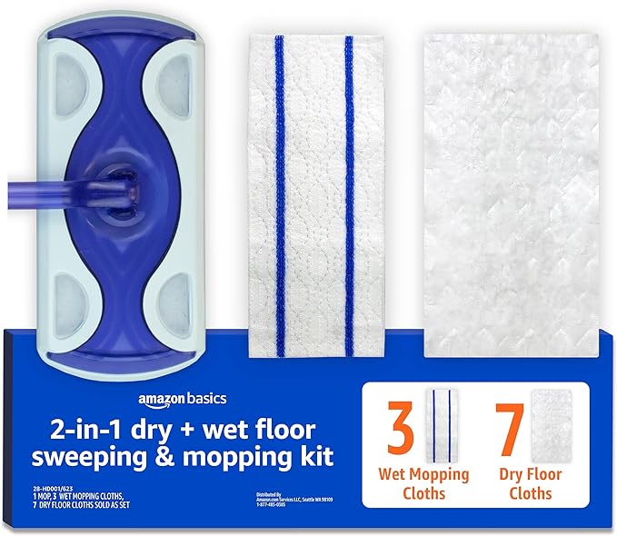 Amazon Basics Wet & Dry Sweeper Kit, 1 Sweeper Handle, 7 Heavy Duty Dry Floor