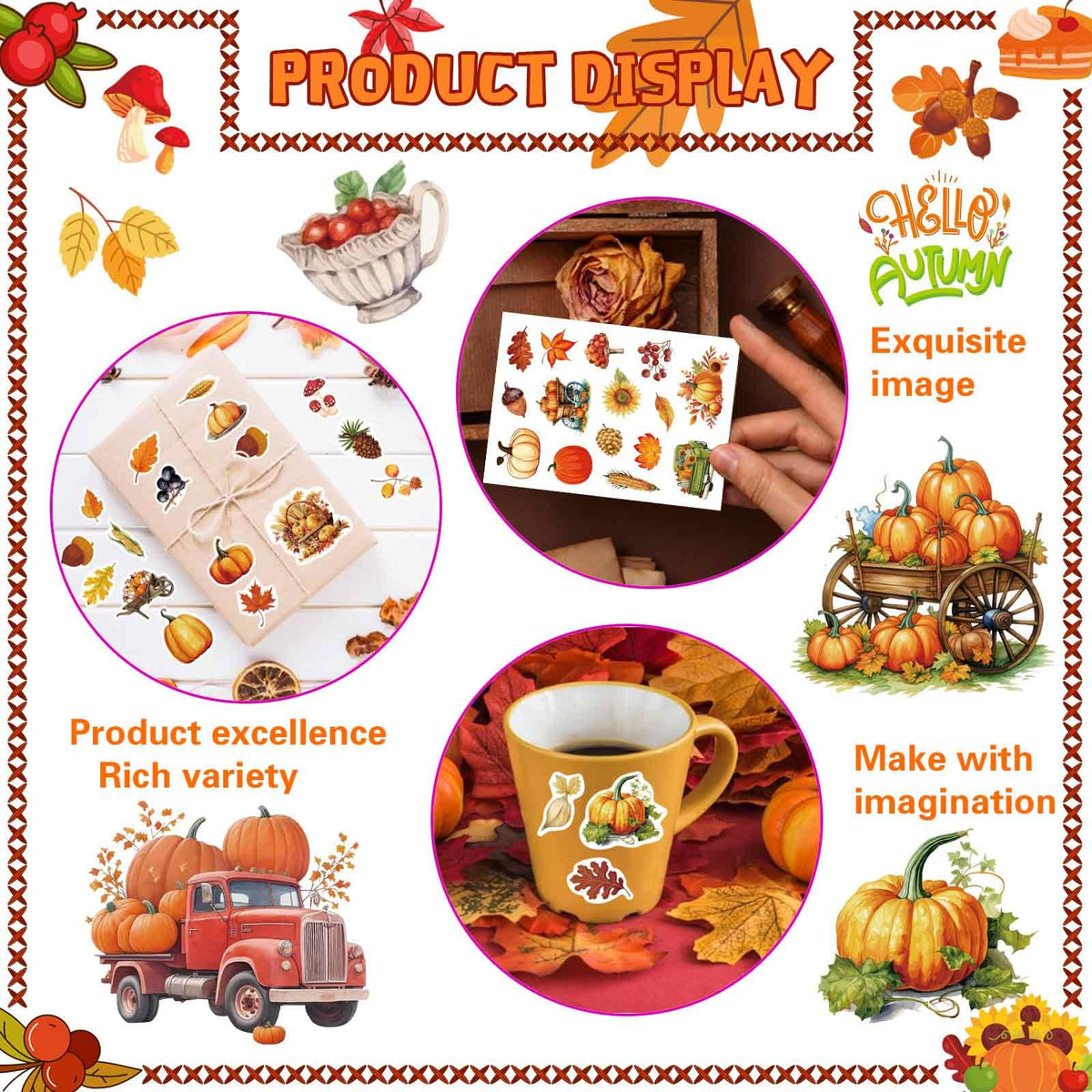 32 Sheets Fall Theme Sticker, Pumpkin Stickers, Hello Autumn Sticker, Thanksgiving Stickers for Kids, Fall Harvest Food Pumpkin Maple Leaves, Thanksgiving Party Favors Supplies