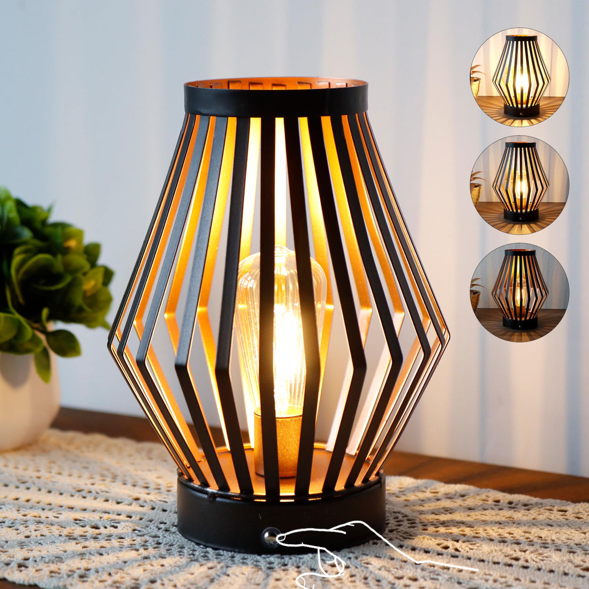 JHY DESIGN Dimmable Touch Bedside Table Lamp 8.5''H Rechargeable Metal Cage Lantern with LED Edison Style Bulb Cordless Accent Lamp for Weddings Parties Patio Events for Indoors Outdoors