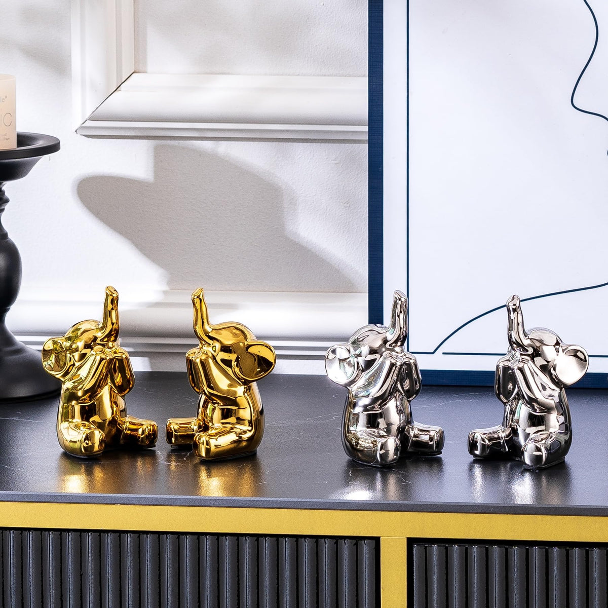 SURE YUESI Pair of Small Silver Elephant Figurines, Modern Boho Decorative Statues, Lucky Elephant Home Decor for Living Room, Bedroom, Office Desk & Shelf