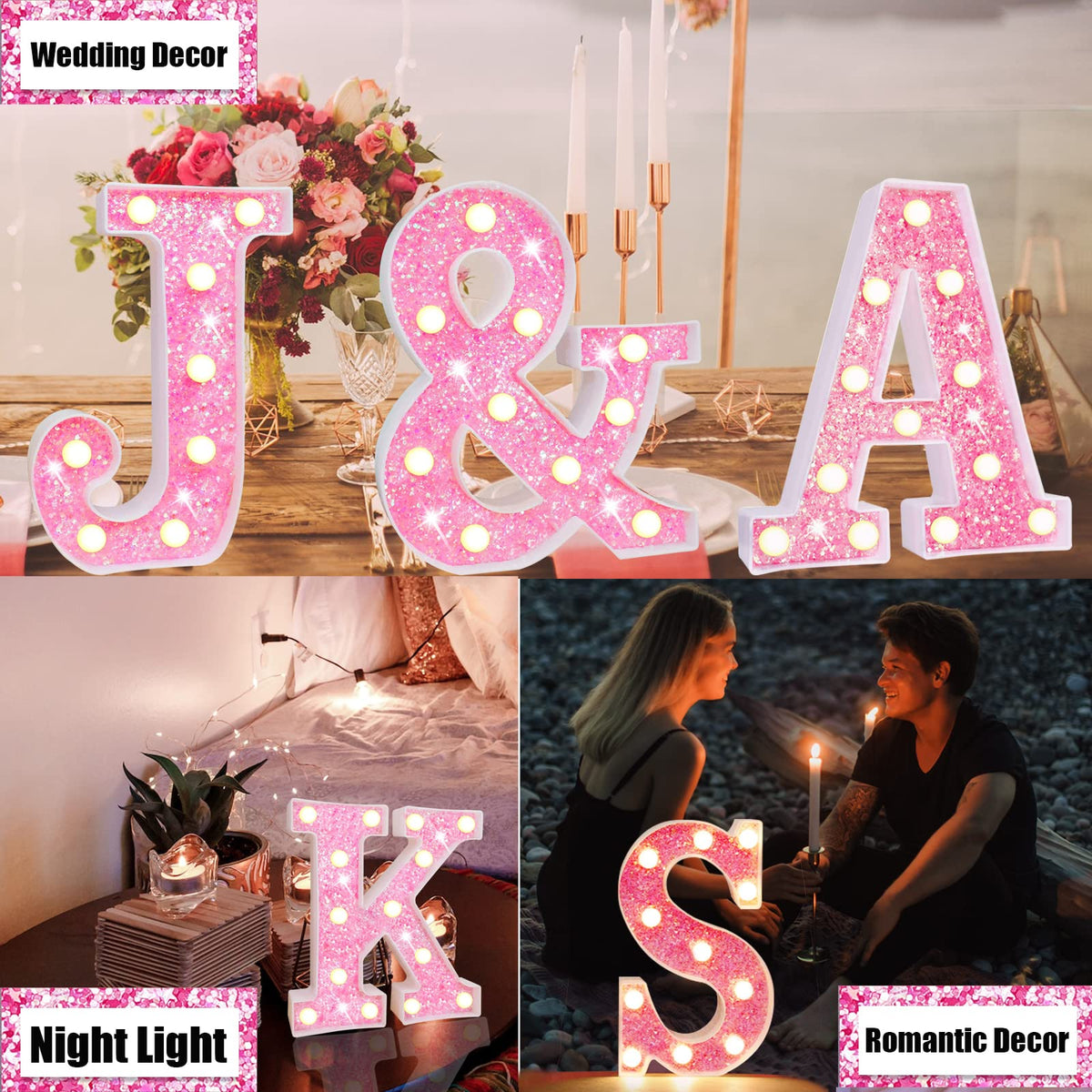 Pink Light Up Letters, Glitter Alphabet Letter Sign Pink LED Marquee Letter Lights Battery Powered for Night Light Girls Bedroom Birthday Party Wedding Home Christmas Decorations Gift for Her-Pink &