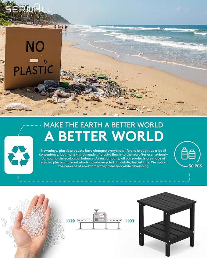 SERWALL 2-Tier HDPE Outdoor Side Table, Weatherproof Rectangular Adirondack