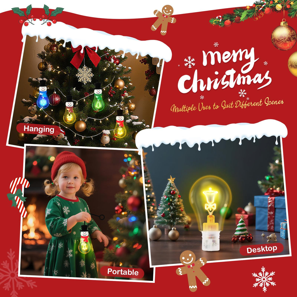 Christmas Bulb Light Hanging Christmas Night Light Edison Style Bulb USB Powered 8Hrs Play Fun Decorative for Indoor Outdoor Home Party Holiday Gift（Blue+Green+Red+Coffee Brown）