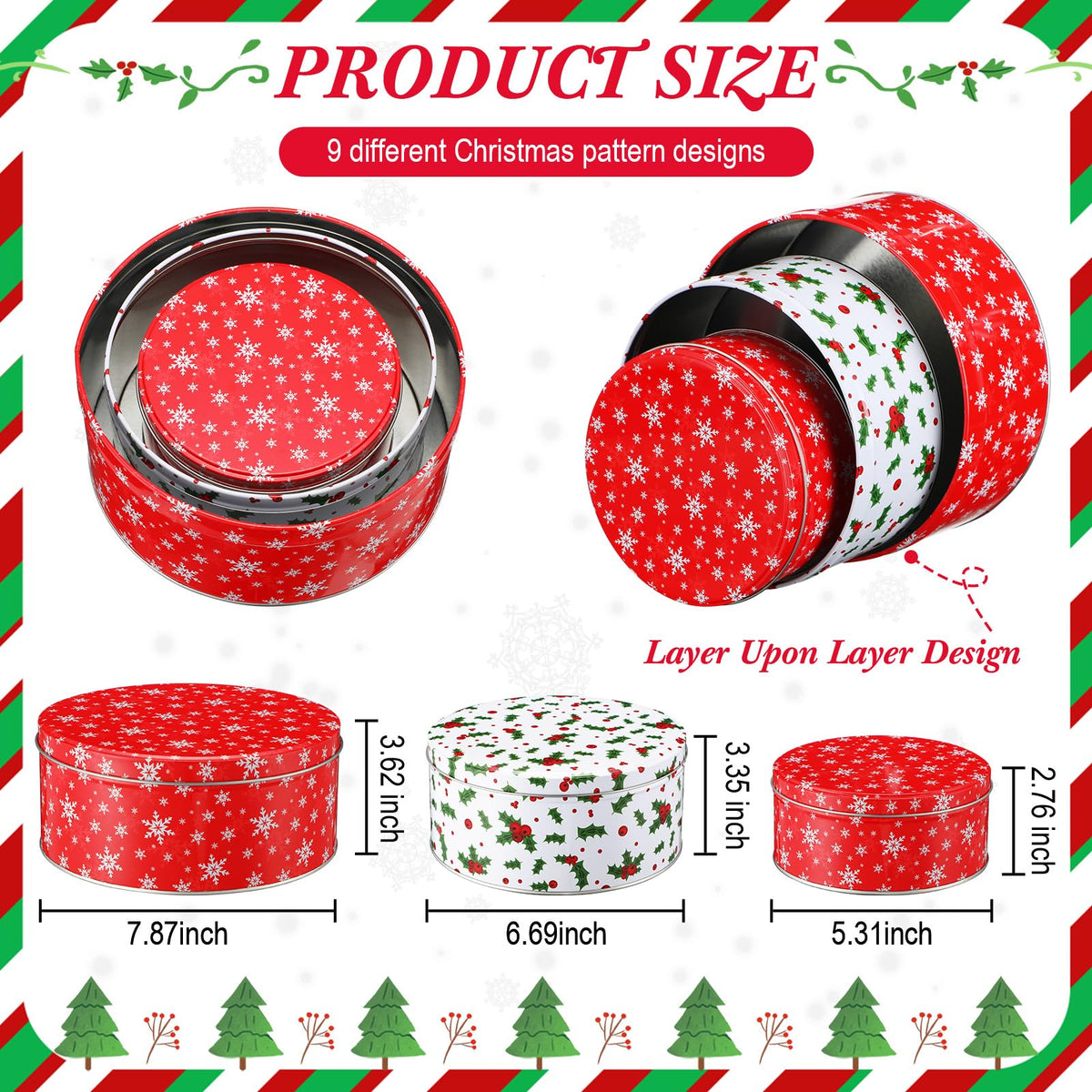 Yaomiao 9 Pcs Christmas Cookie Tins Set 3 Sizes Decorative Cookie Boxes Christmas Tins with Lids Holiday Treats Round Metal Nesting Containers Candy Biscuits Treat Boxes(Snowflakes, Red Berries)