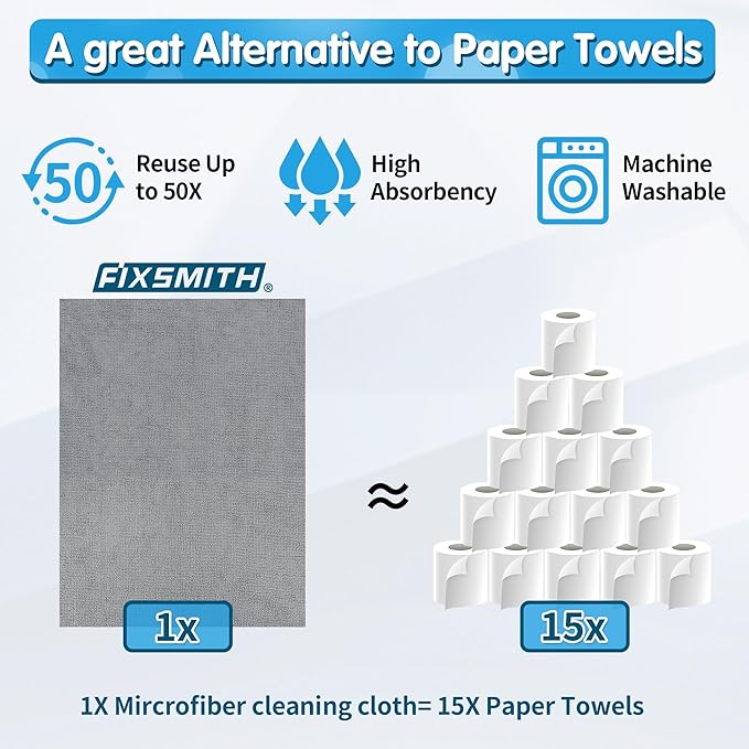 FIXSMITH Grey Microfiber Cleaning Cloth, Reusable Shop Towels, Microfiber Towels