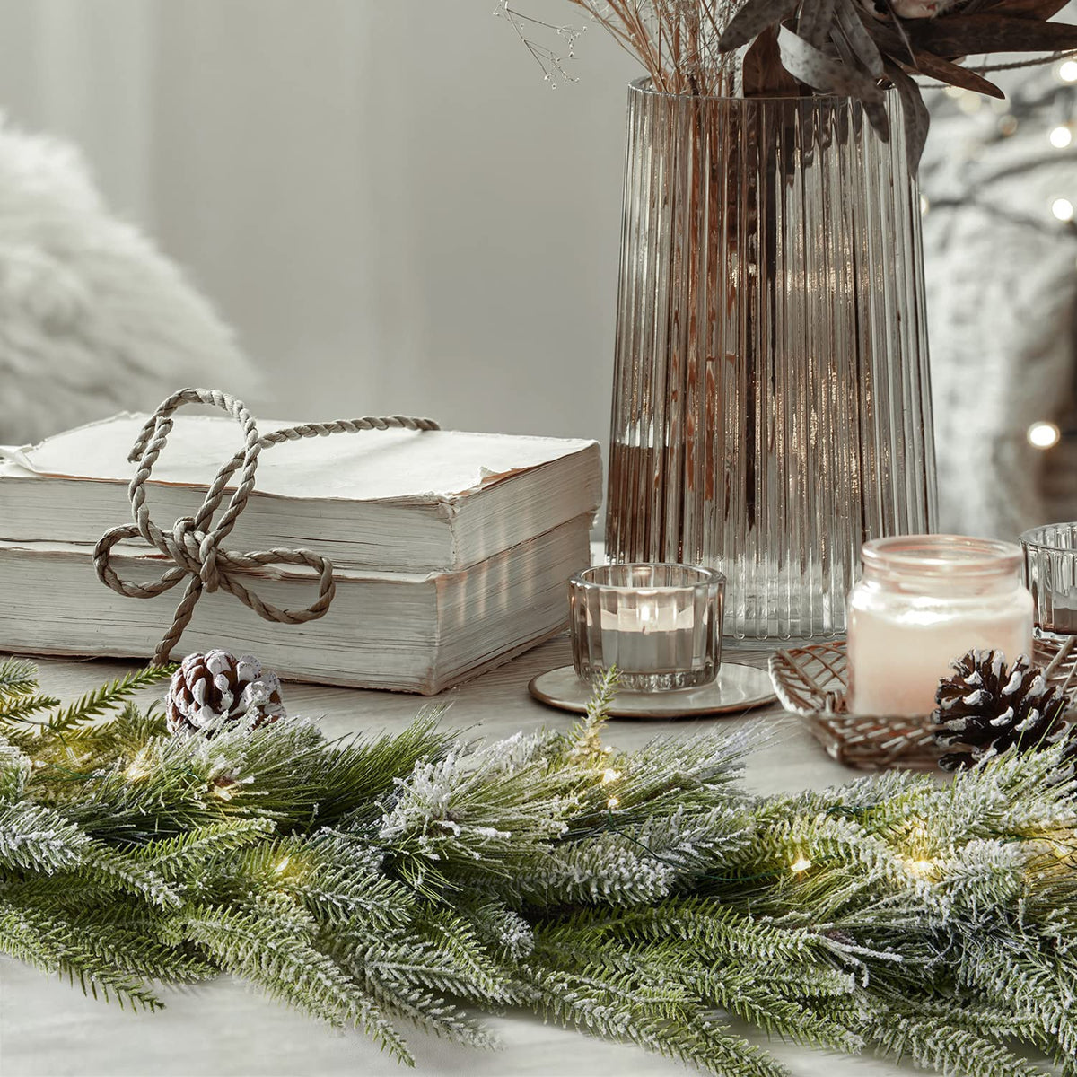 LampLust Winter Garland with Lights Battery Operated, 6 Ft Lighted Garland, Frosted Garland with Pine Branches & Faux Snow, 100 LED Lights with Timer, Winter Garland for Mantle All Year Round
