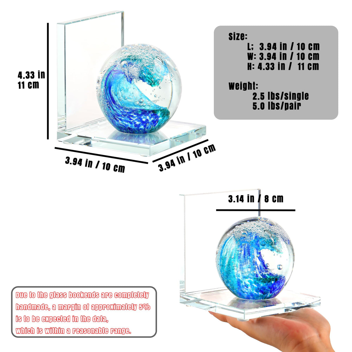 Book Ends for Shelves, Glass Bookends with Deep Ocean Blue Crystal Hand Blown Sea Wave Ball, Non Skid Sturdy Glass Decorative Bookends for Ocean Lovers, Heavy Books, Office, Set of 2