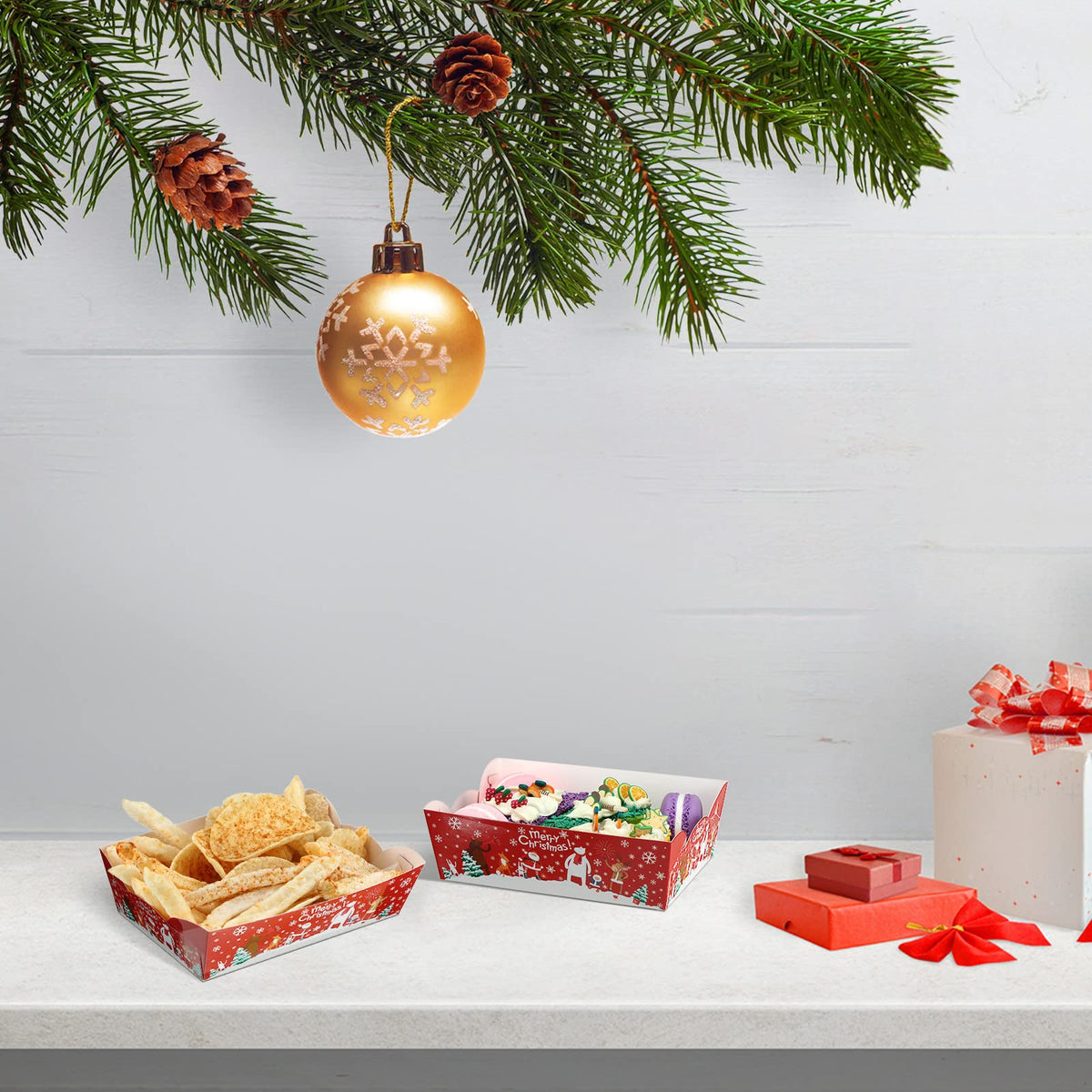 Cunhill 60 Pack Christmas Paper Trays Christmas Movie Night Snack Trays Disposable Party Plates Food Serving Boats for Cookie Snack Movie Night Party Supplies