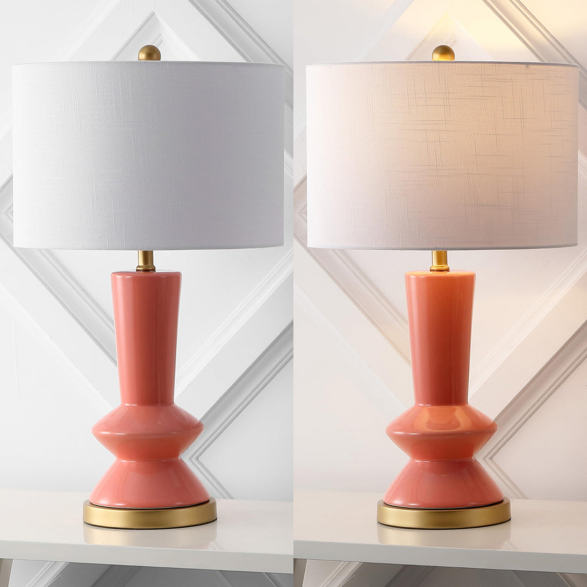 JONATHAN Y 27" Coral/Gold Painting Modern Ceramic Table Lamp for Bedroom Living Room, with White Linen Shade, Glam Geometric Bedside Nightstand Lamp, LED Bulb Included (JYL6607B)
