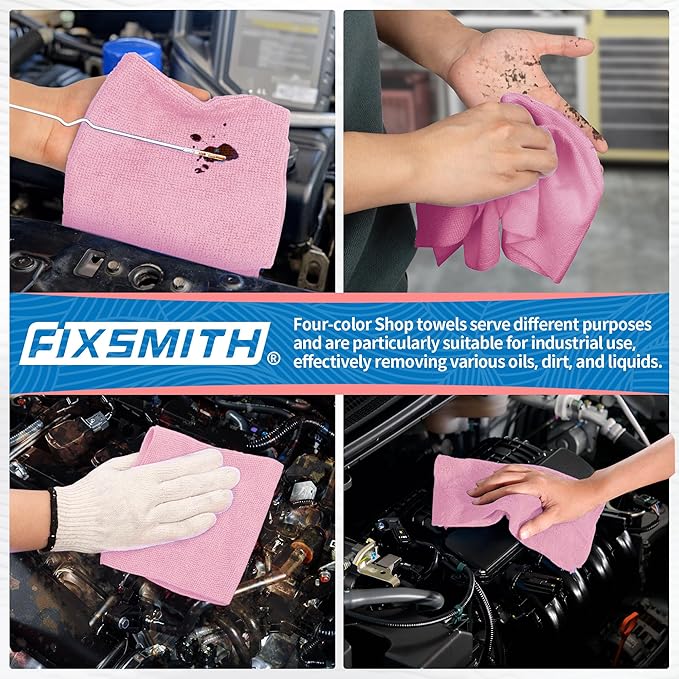 FIXSMITH Microfiber Cleaning Cloth, Shop Towels Bulk, 24 Pack Pink Microfiber