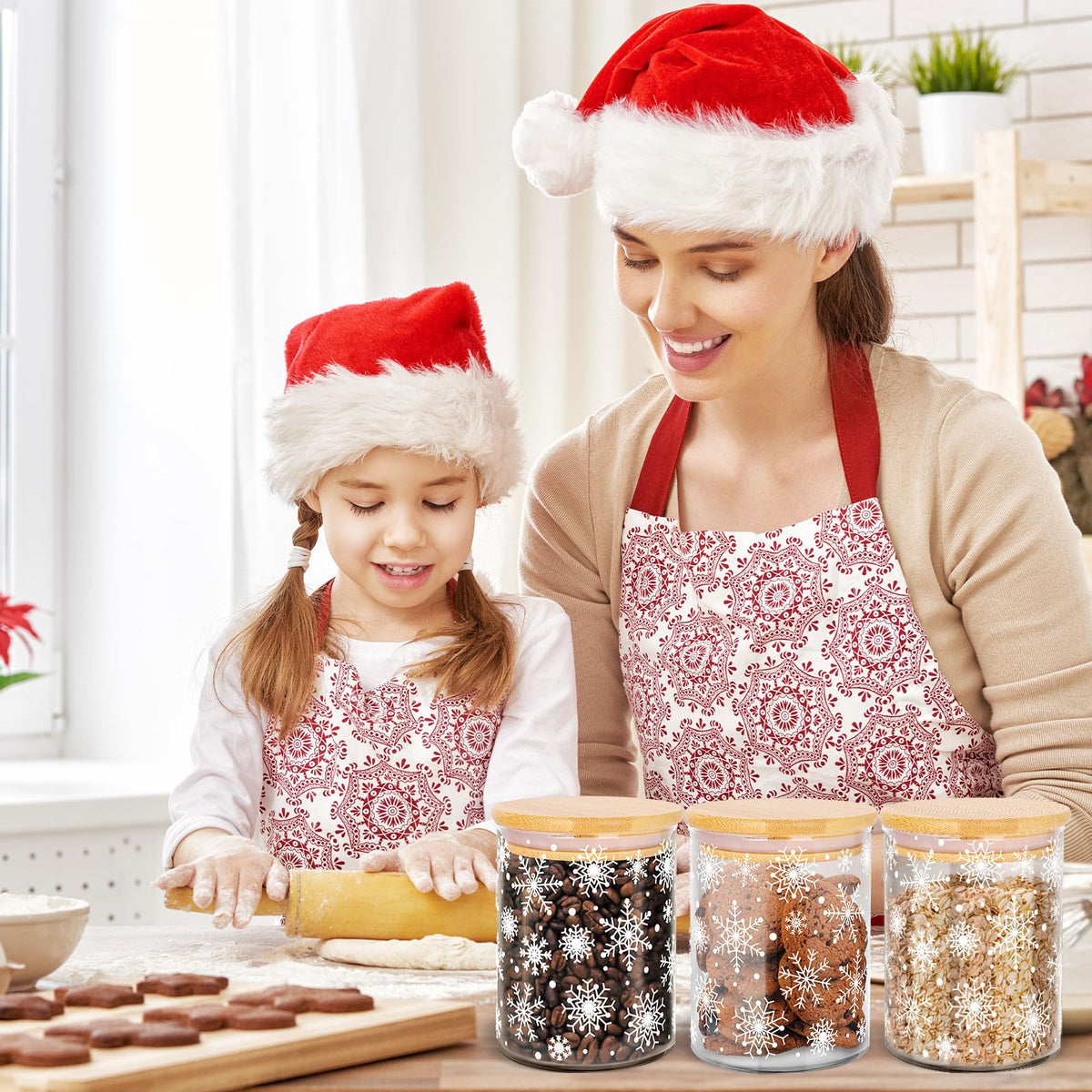 JarThenaAMCS 3Pcs Christmas Glass Storage Jars White Winter Snowflake Clear Canisters Set with Airtight Lid Cookie Candy Storage for Xmas Party Home Kitchen Countertop Decor